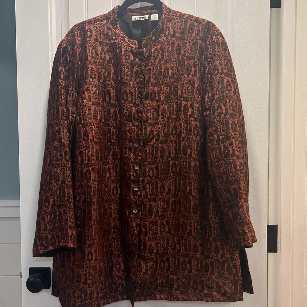Vintage Chico’s Design Brown & Black Mandarin Collar Long Lined Jacket. Size 3.‎